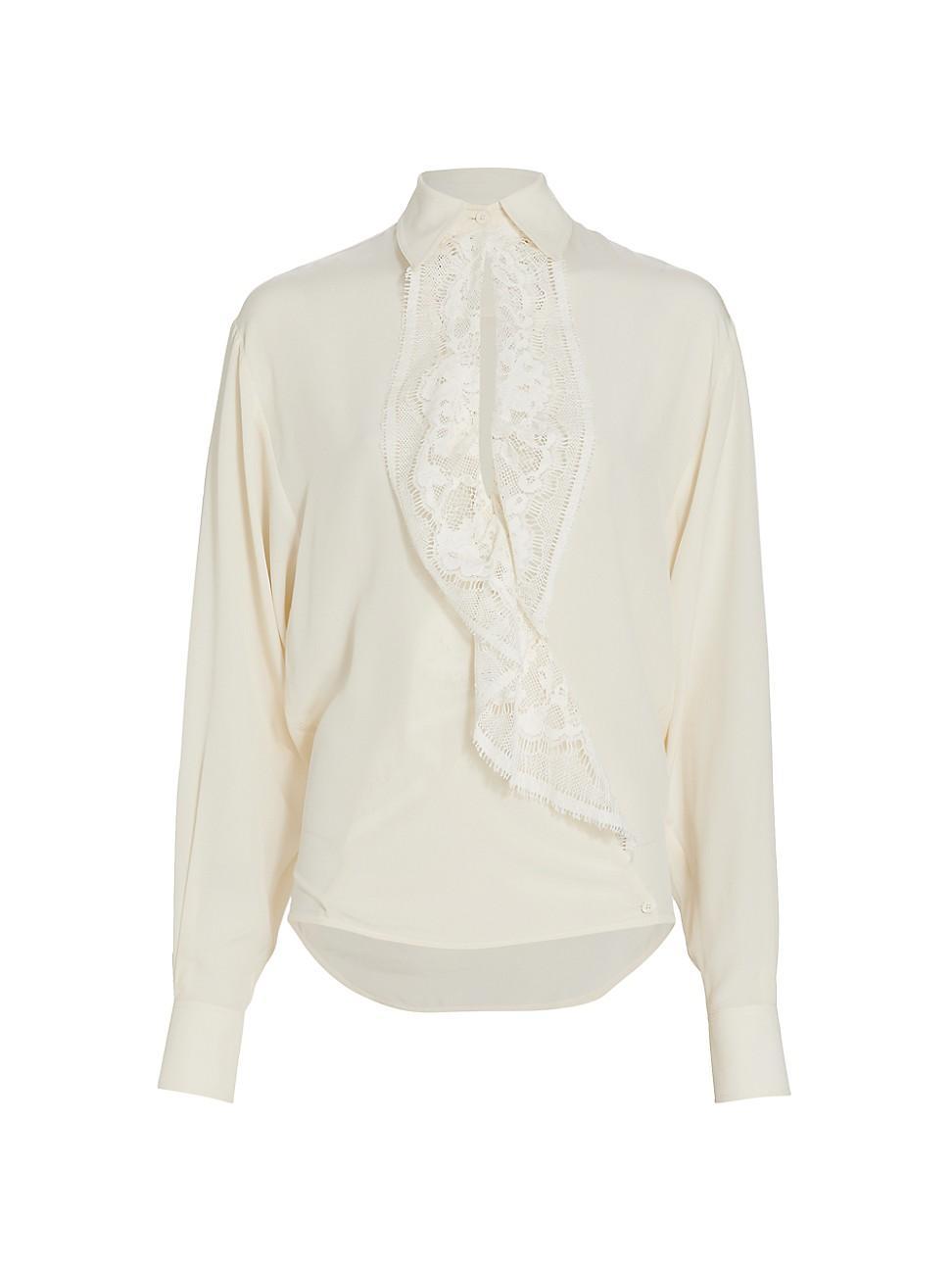 Womens Lace-Trim Silk Blouse - Vanilla - Size 8 Product Image