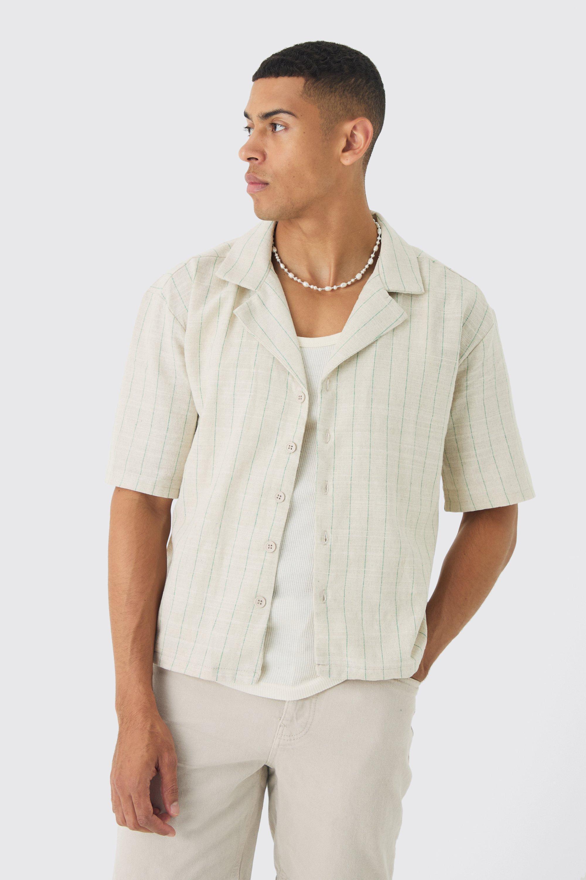 Mens Green Oversized Boxy Revere Linen Shirt, Green Product Image