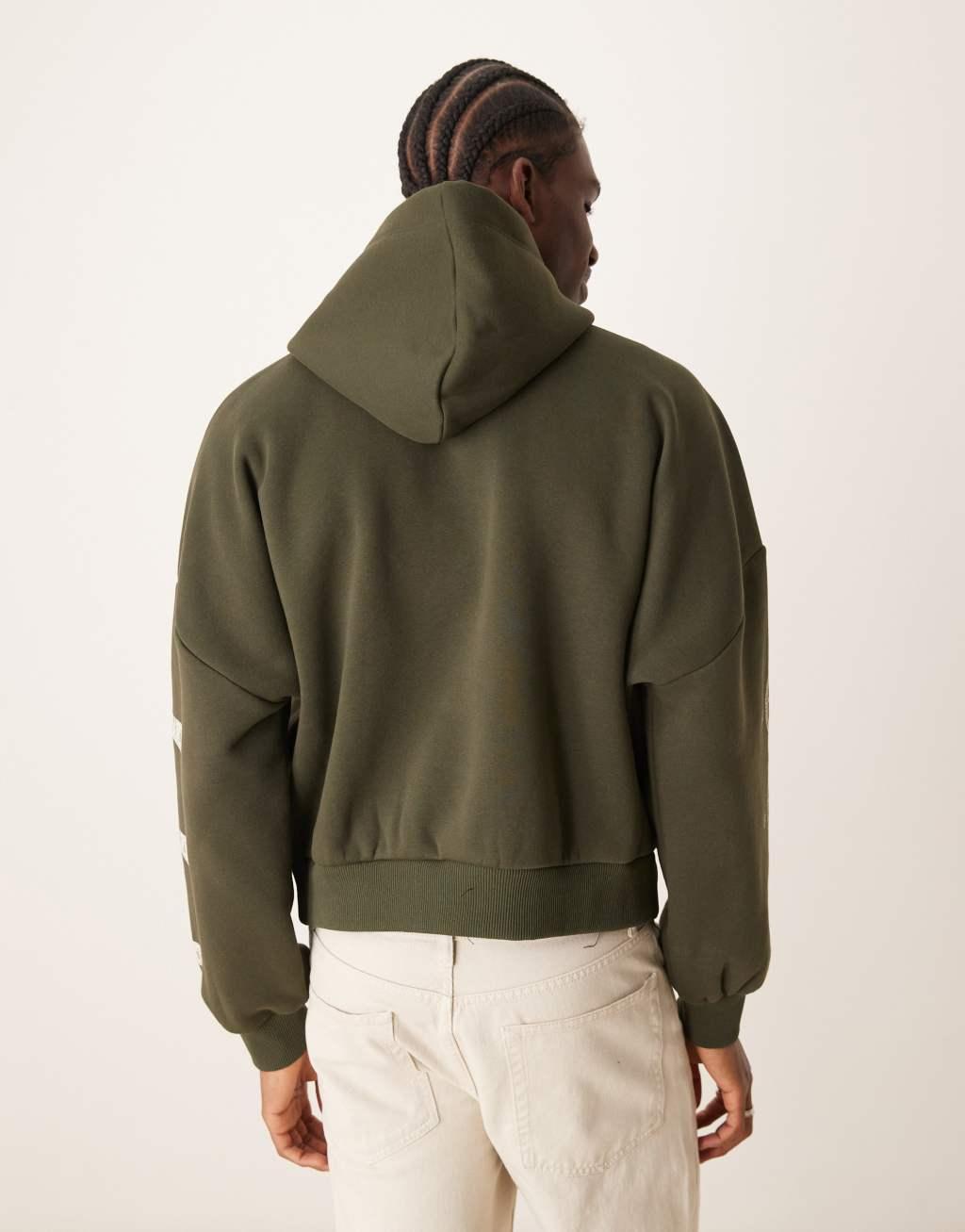 ASOS DESIGN oversized dropped shoulder cropped printed hoodie in green Product Image