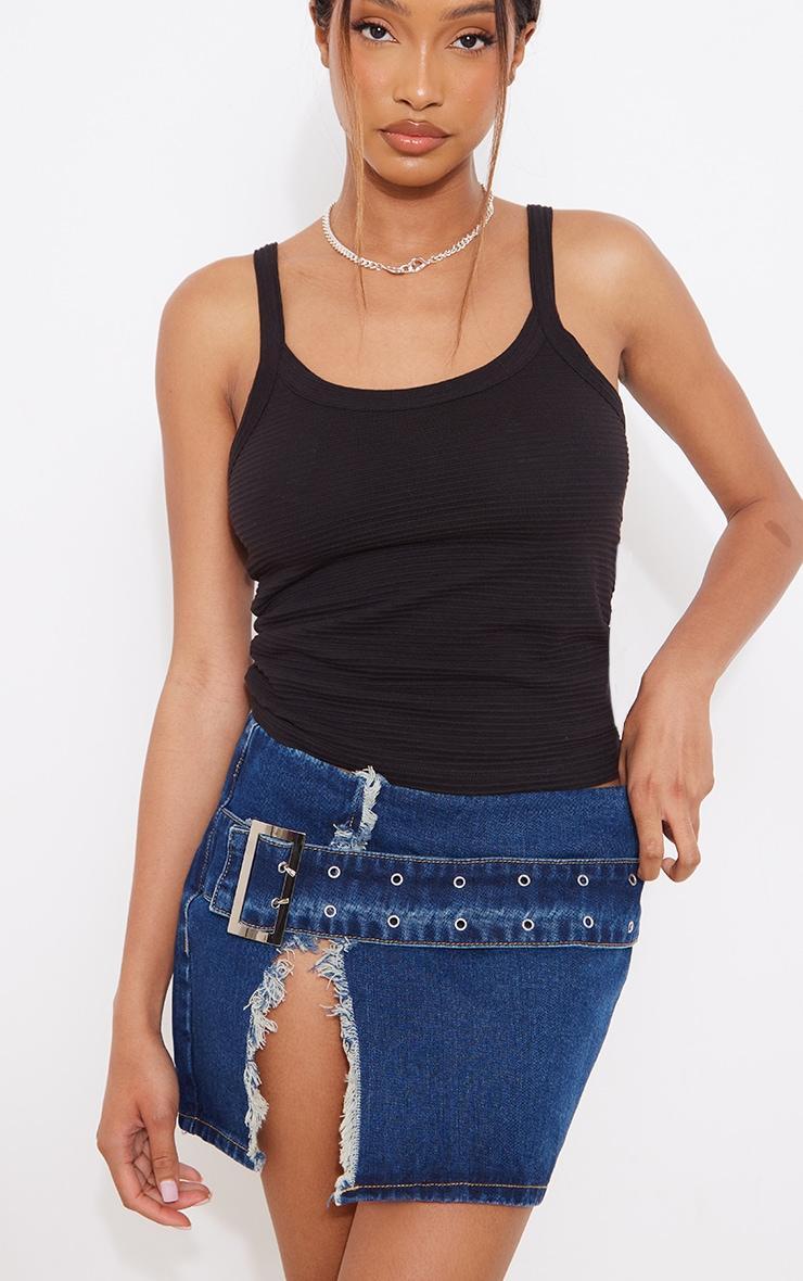 Indigo Vintage Wash Belt Detail Frayed Edge Mini Skirt Product Image