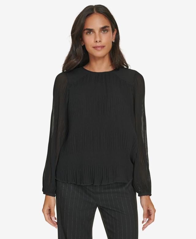 Calvin Klein Womens Pleated Long-Sleeve Crewneck Top Product Image