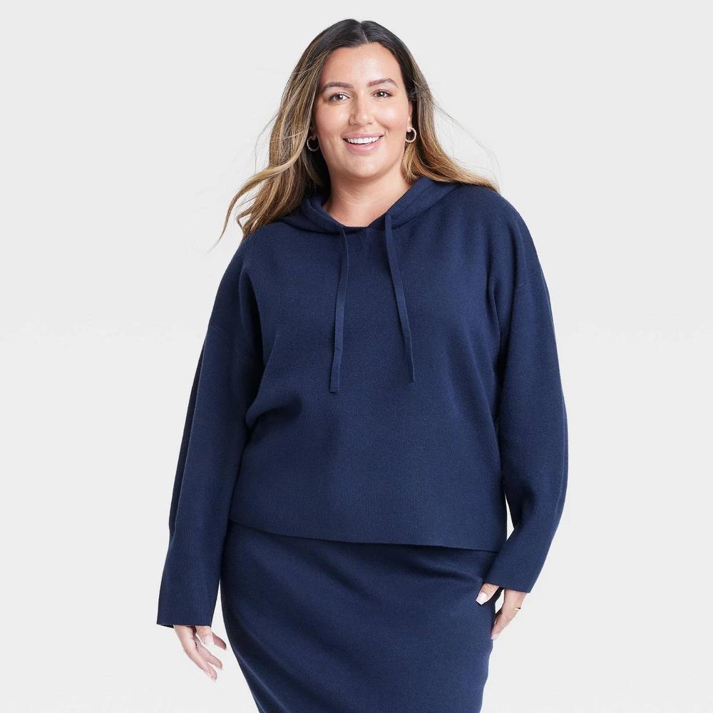 Womens Cozy Knit Hoodie Sweatshirt - A New Day Navy XXL Product Image