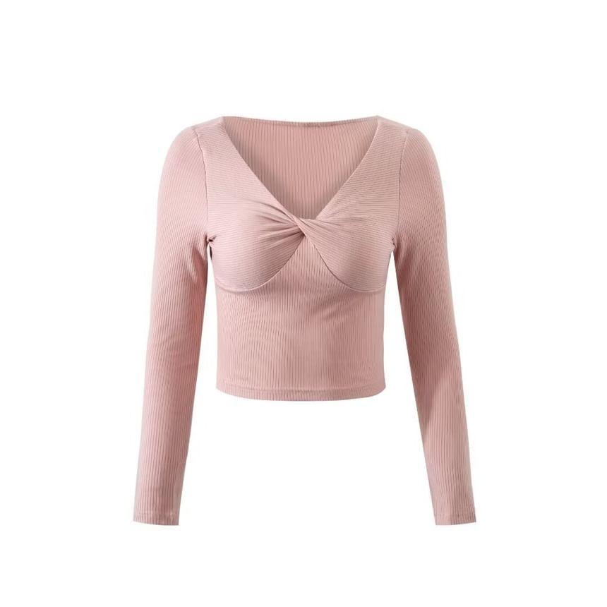 Long-Sleeve V-Neck Plain Knotted Ribbed Knit Top Product Image