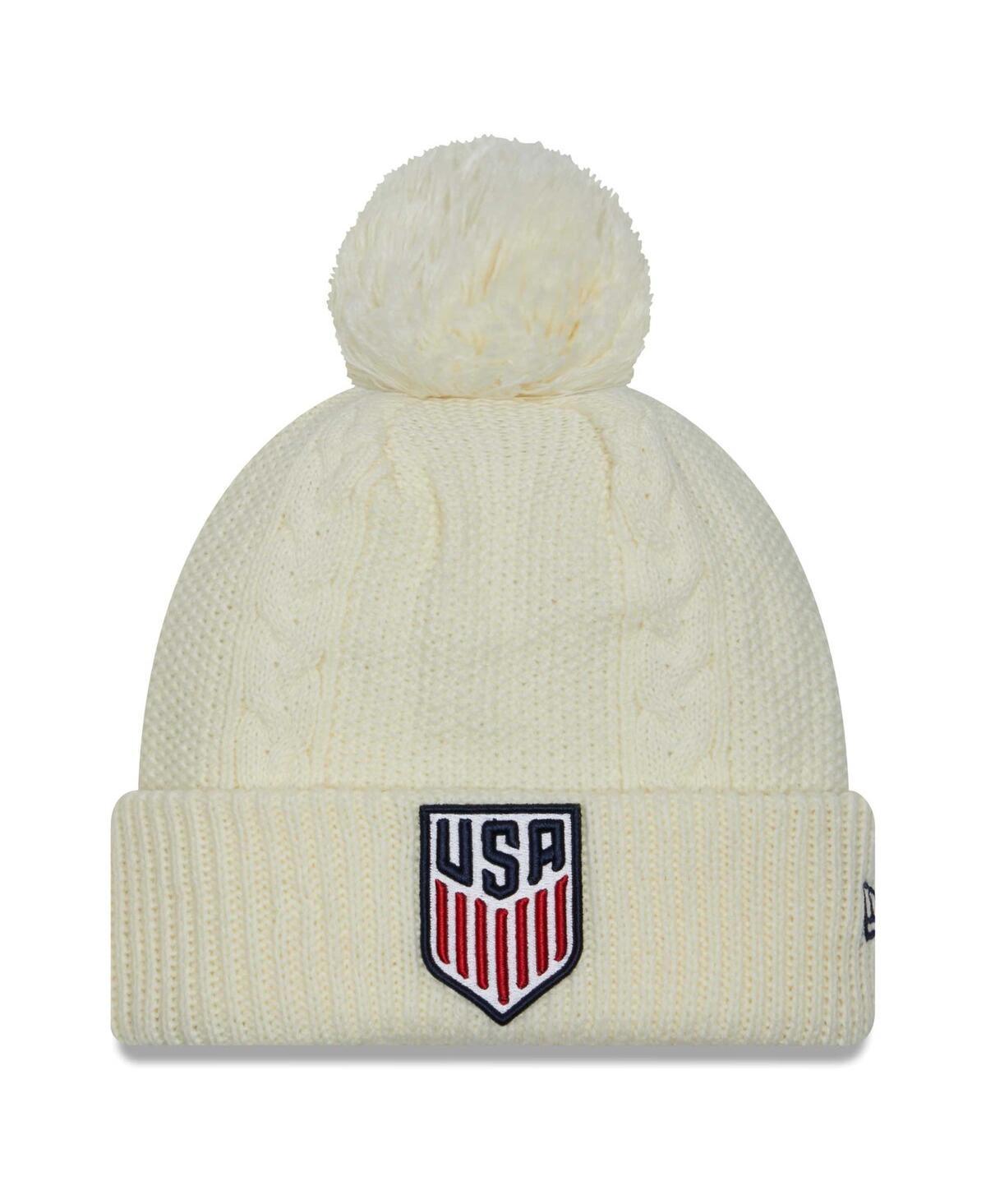 Womens New Era White Usmnt Cabled Cuffed Knit Hat with Pom Product Image