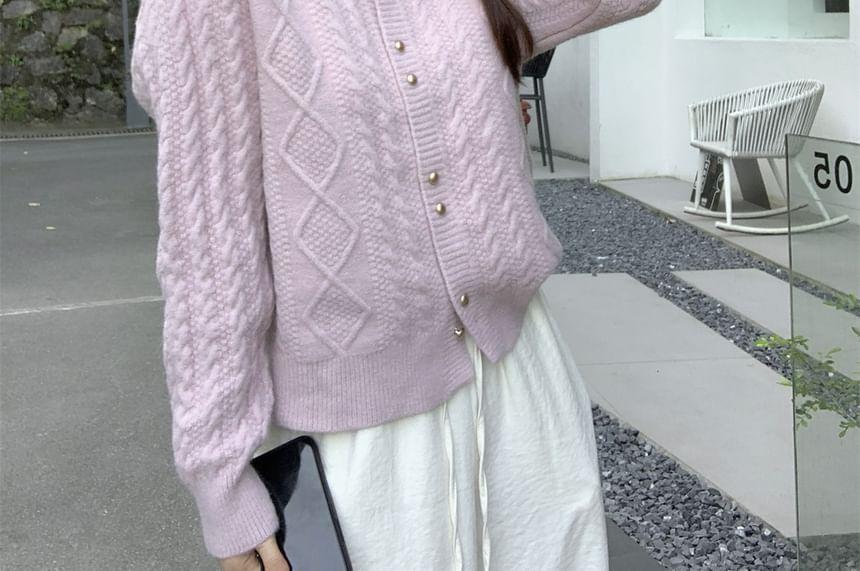 Round Neck Plain Cable-Knit Cardigan Product Image