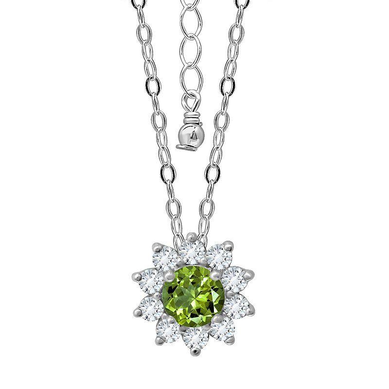 Aleure Precioso Sterling Silver Gemstone & White Topaz Halo Pendant Necklace, Womens Silver Tone Green Product Image