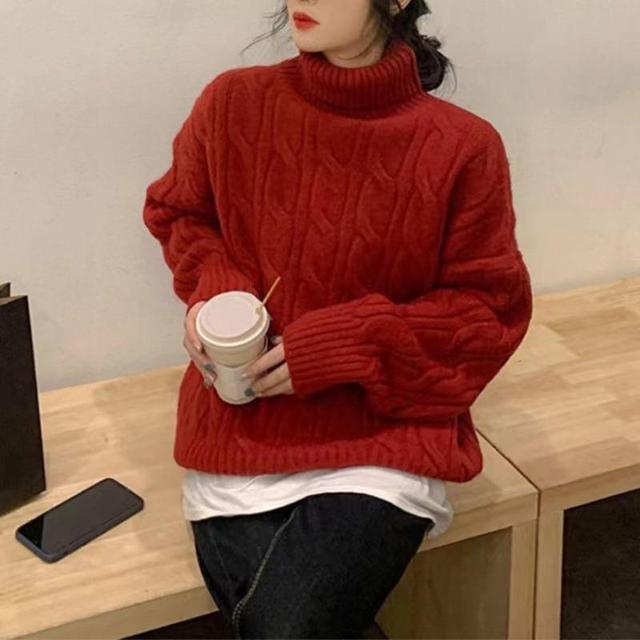 Turtleneck Plain Cable-Knit Sweater Product Image