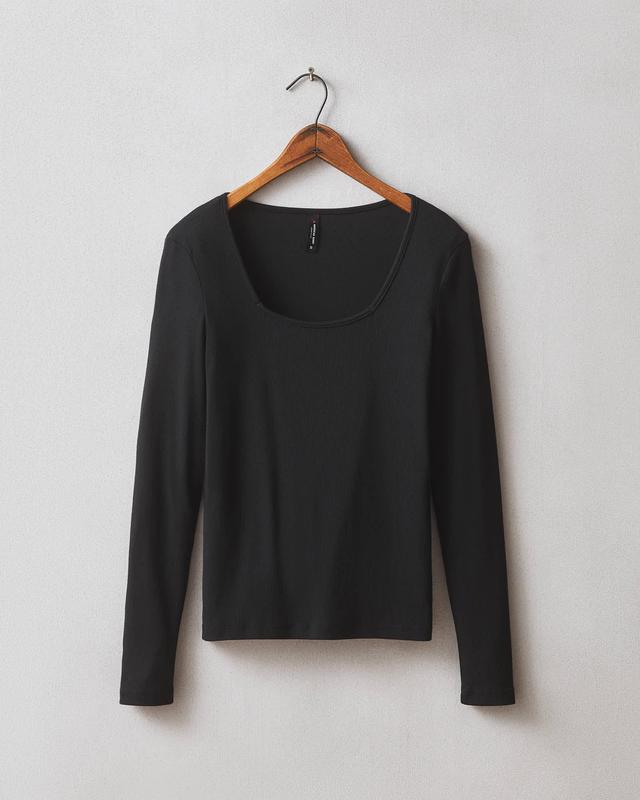 Stretch Rib Square Neck Long Sleeve - Black Product Image