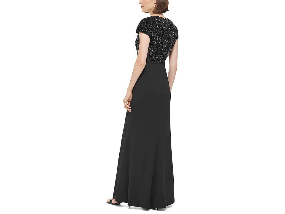 Calvin Klein Sequin Bodice Gown with Short Sleeves Black) Women's Dress Product Image