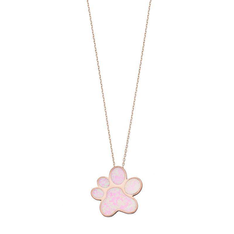 14k Rose Gold Over Silver Lab-Created Pink Opal Paw Print Pendant, Womens Product Image