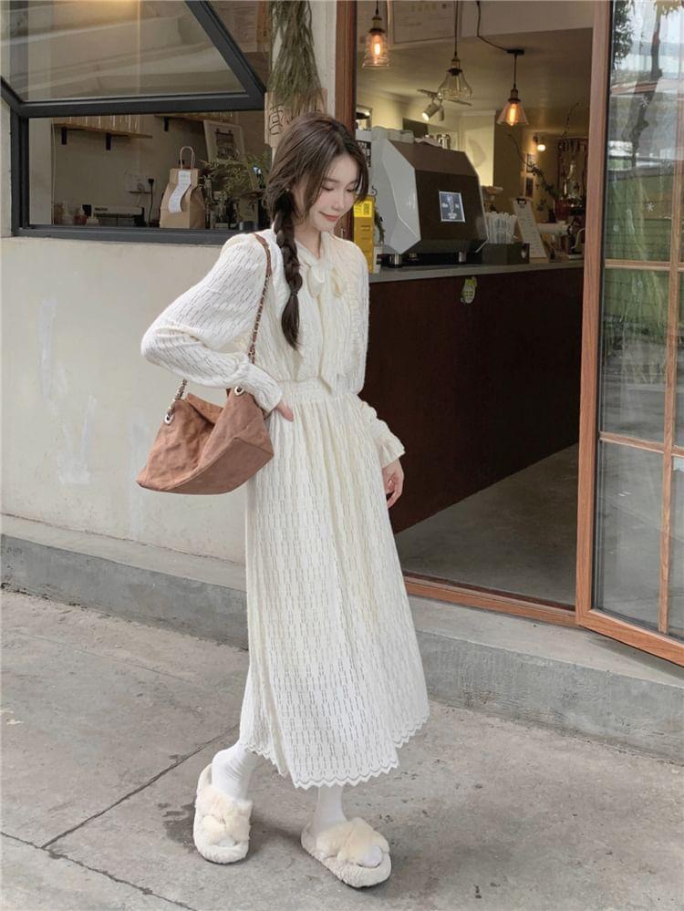 Long-Sleeve Tie-Neck Plain Lace Midi A-Line Dress Product Image