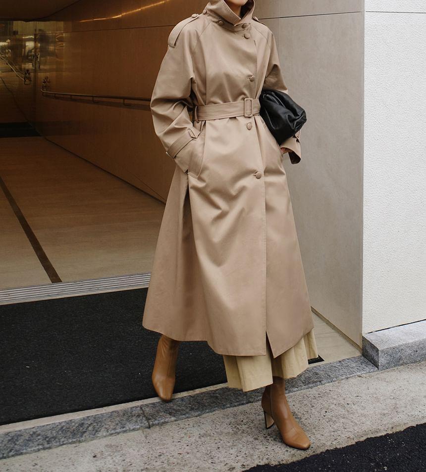 Turtleneck Plain Long Trench Coat Product Image