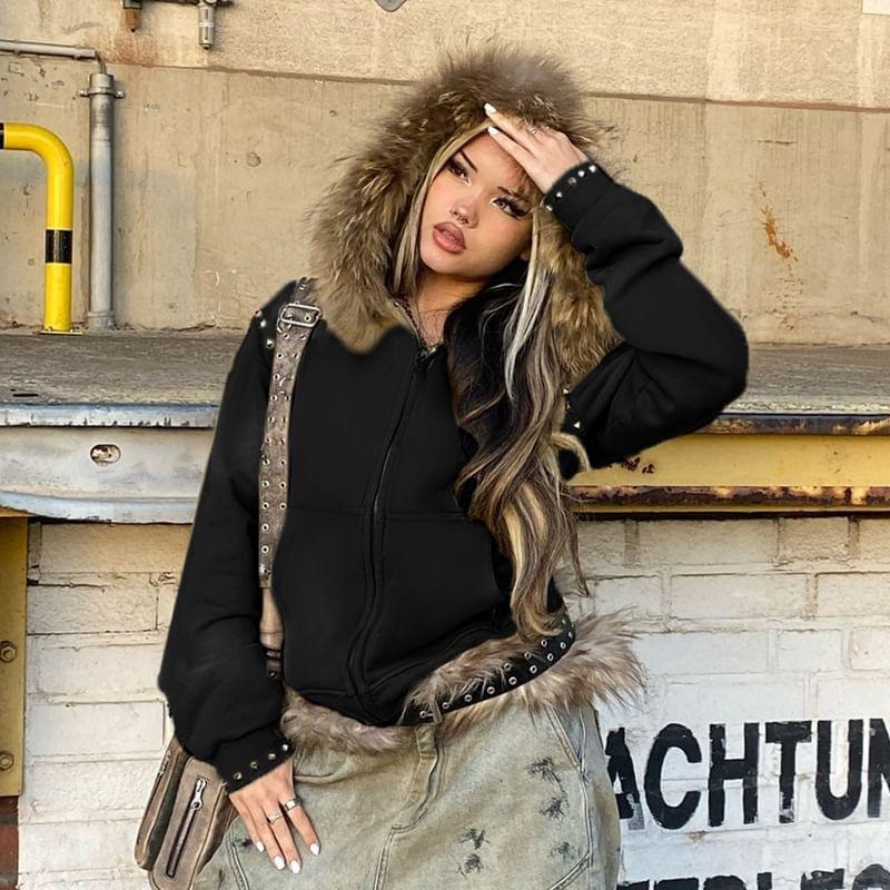 Long Sleeve Studded Plain Furry-Trim Hooded Zip-Up Jacket Product Image