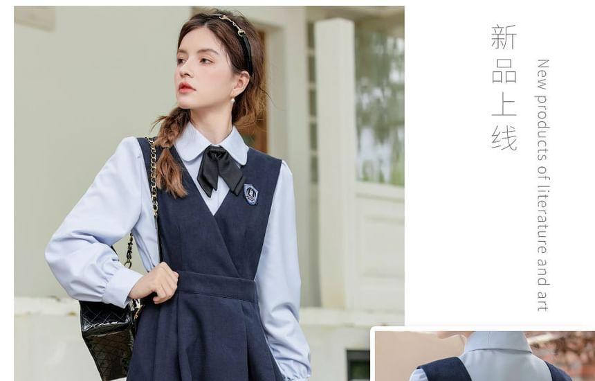 Set: Long-Sleeve Plain Bow Shirt + V-Neck Logo Applique Midi A-Line Jumper Dress Product Image