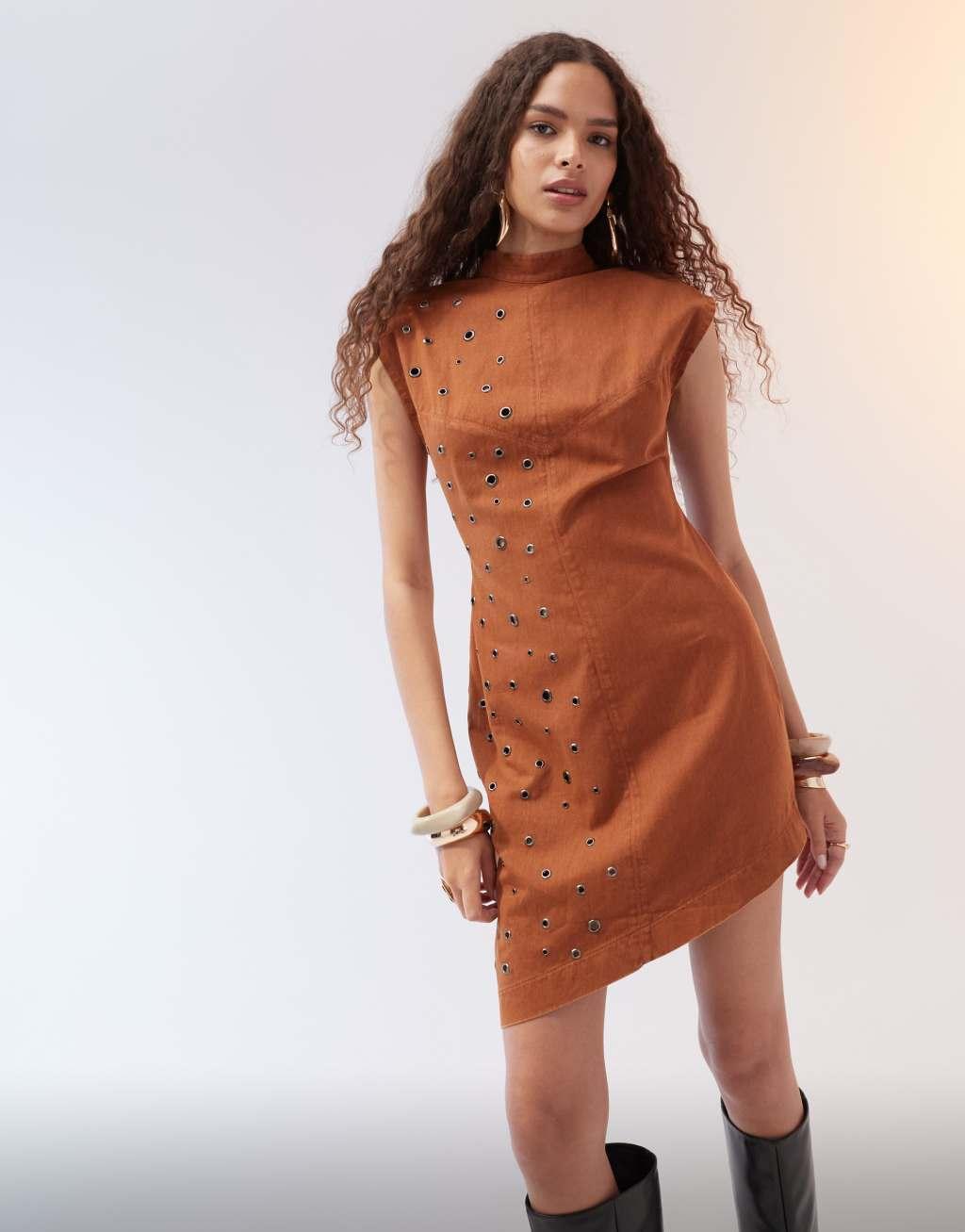 ASOS DESIGN acid wash twill eyelet detail mini dress in tan Product Image