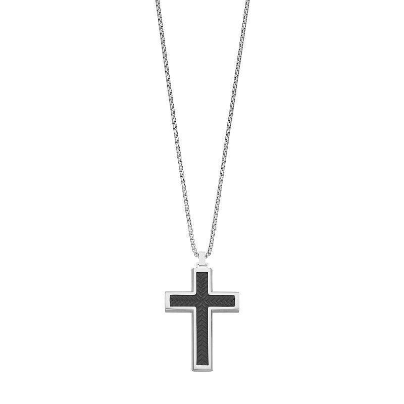 LYNX Mens Two Tone Stainless Steel Textured Cross Pendant Necklace Black Product Image