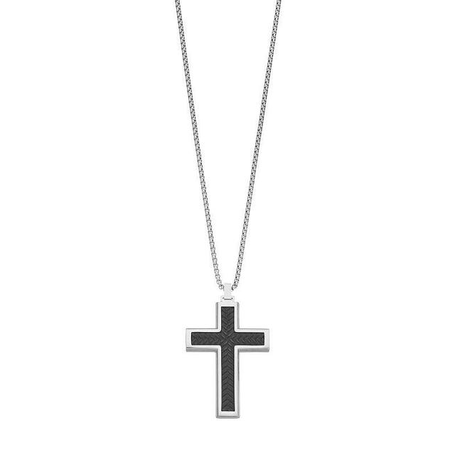 LYNX Mens Two Tone Stainless Steel Textured Cross Pendant Necklace Black Product Image