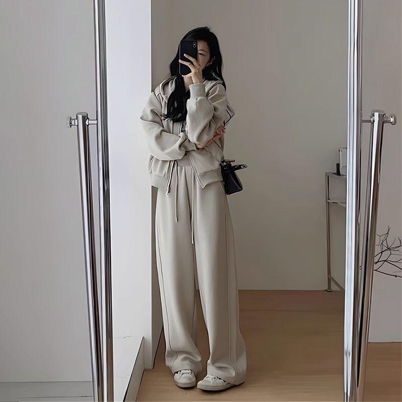 Set: Hooded Plain Zip Jacket + Drawstring Waist Plain Wide Leg Pants Product Image