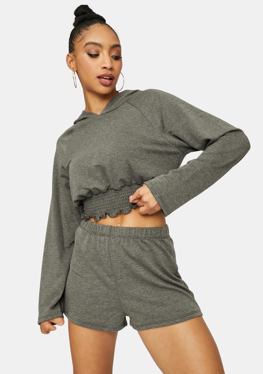 Crop Hoodie & High Waist Shorts Lounge Set - Charcoal Gray Product Image