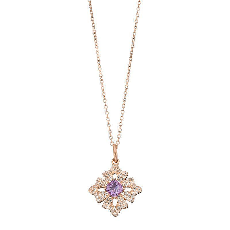 Gemminded 14k Rose Gold Over Silver Amethyst & White Topaz Cross Pendant Necklace, Womens Purple Product Image