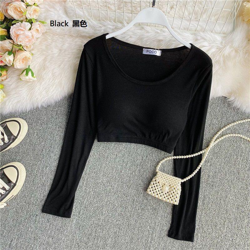 Plain U-Neck Padded Long-Sleeve Cropped Top Product Image