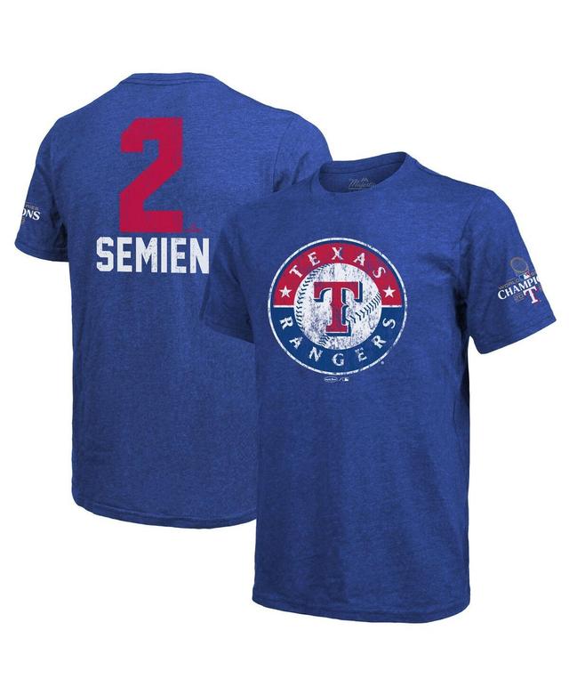 Mens Majestic Threads Marcus Semien Royal Texas Rangers 2023 World Series Champions Name and Number T-shirt Product Image