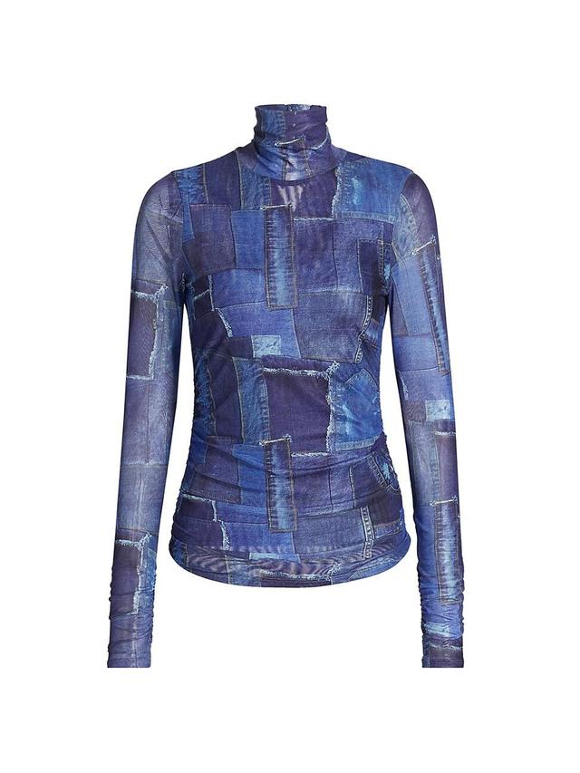 Womens Photoreal Denim Mesh Turtleneck Top Product Image