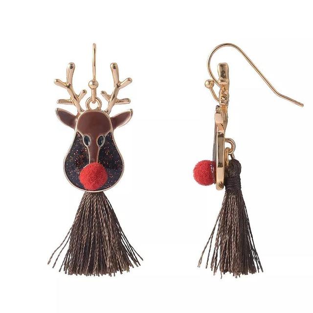 Celebrate Together Gold Tone Brown Reindeer Tassel & Pom Pom Earrings, Womens Product Image