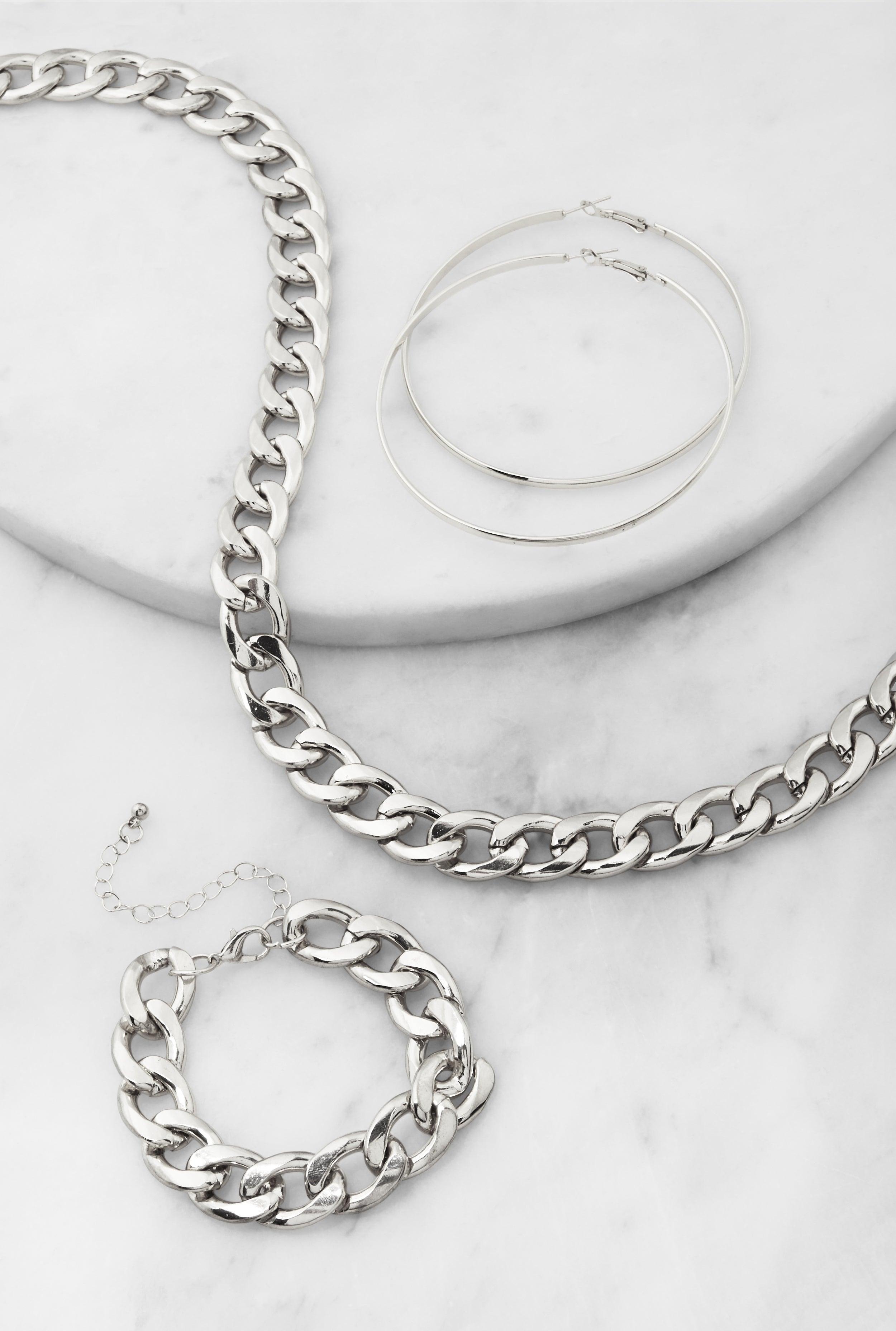 Curb Chain Necklace and Bracelet with Hoop Earrings Set Female Product Image