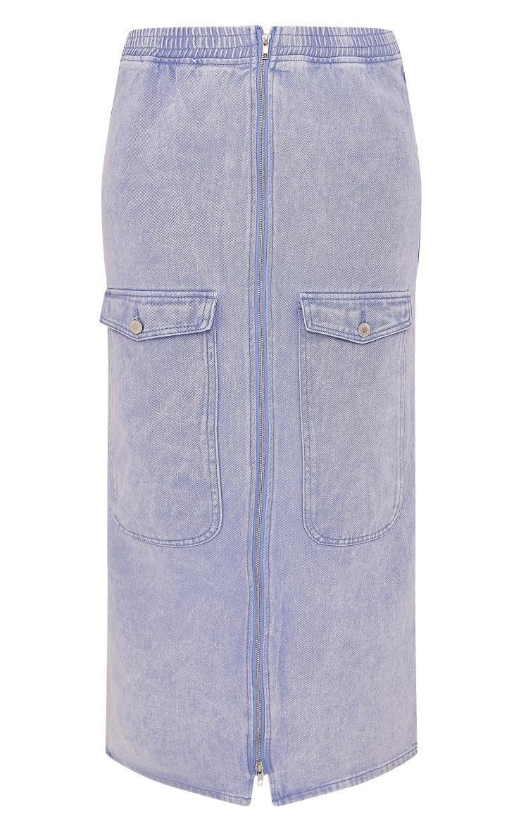 Washed Blue Cargo Pocket Zip Front Midi Denim Skirt Product Image