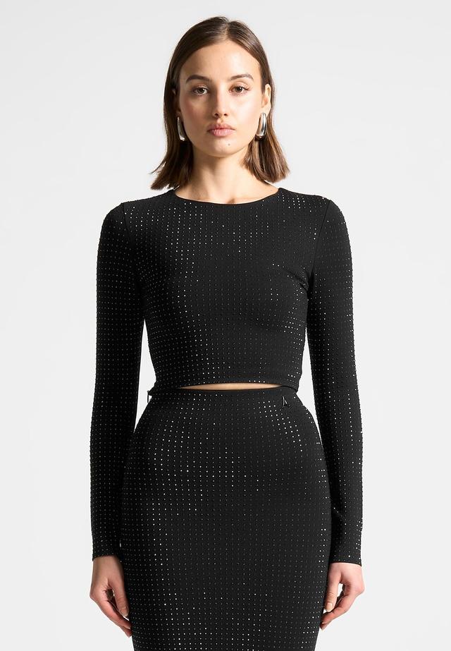 Rhinestone Long Sleeve Bandage Top - Black Female Product Image