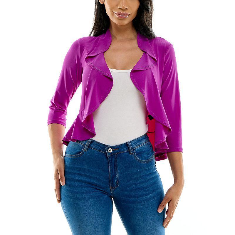 Womens Nina Leonard Ruffle Front Cropped Cardigan Purple Product Image