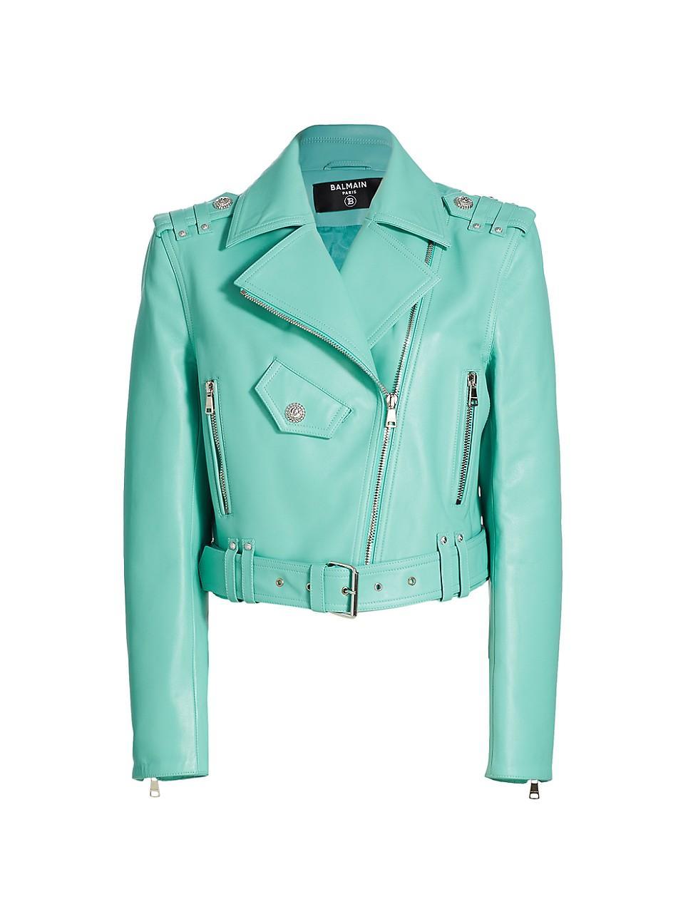 Womens Leather Belted Biker Jacket Product Image