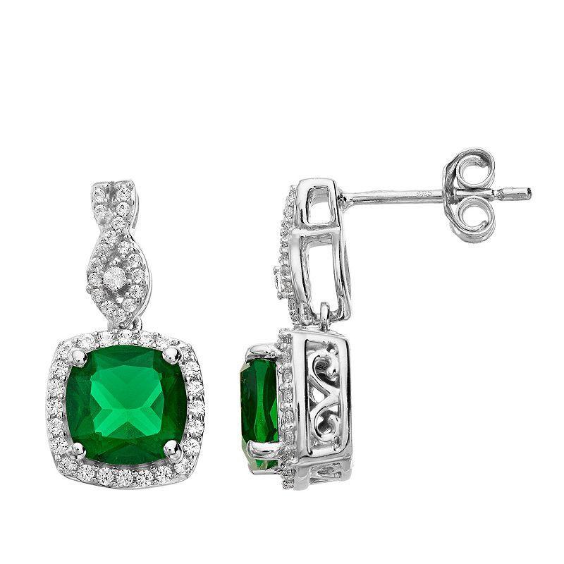 Sterling Silver Simulated Emerald & Lab-Created White Sapphire Drop Earrings, Womens Product Image