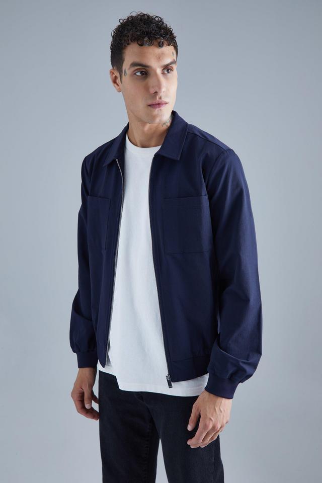 Mens Navy Technical Stretch Harrington Jacket With Patch Pockets, Navy Product Image