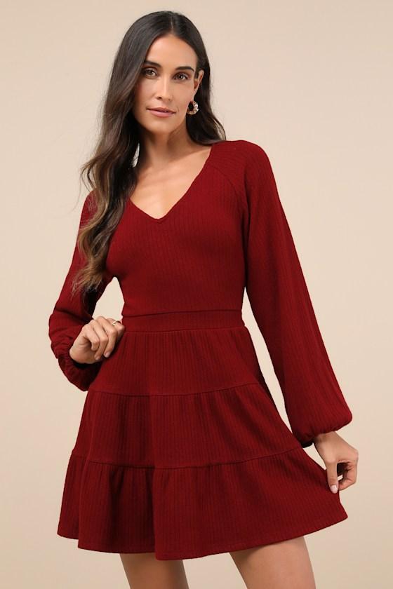 Adorable Option Wine Red Long Sleeve Mini Sweater Dress product image