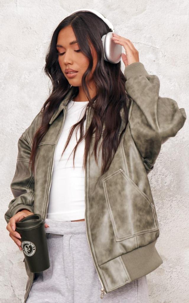 Washed Green Distressed Faux Leather Oversized Longline Bomber Jacket Product Image