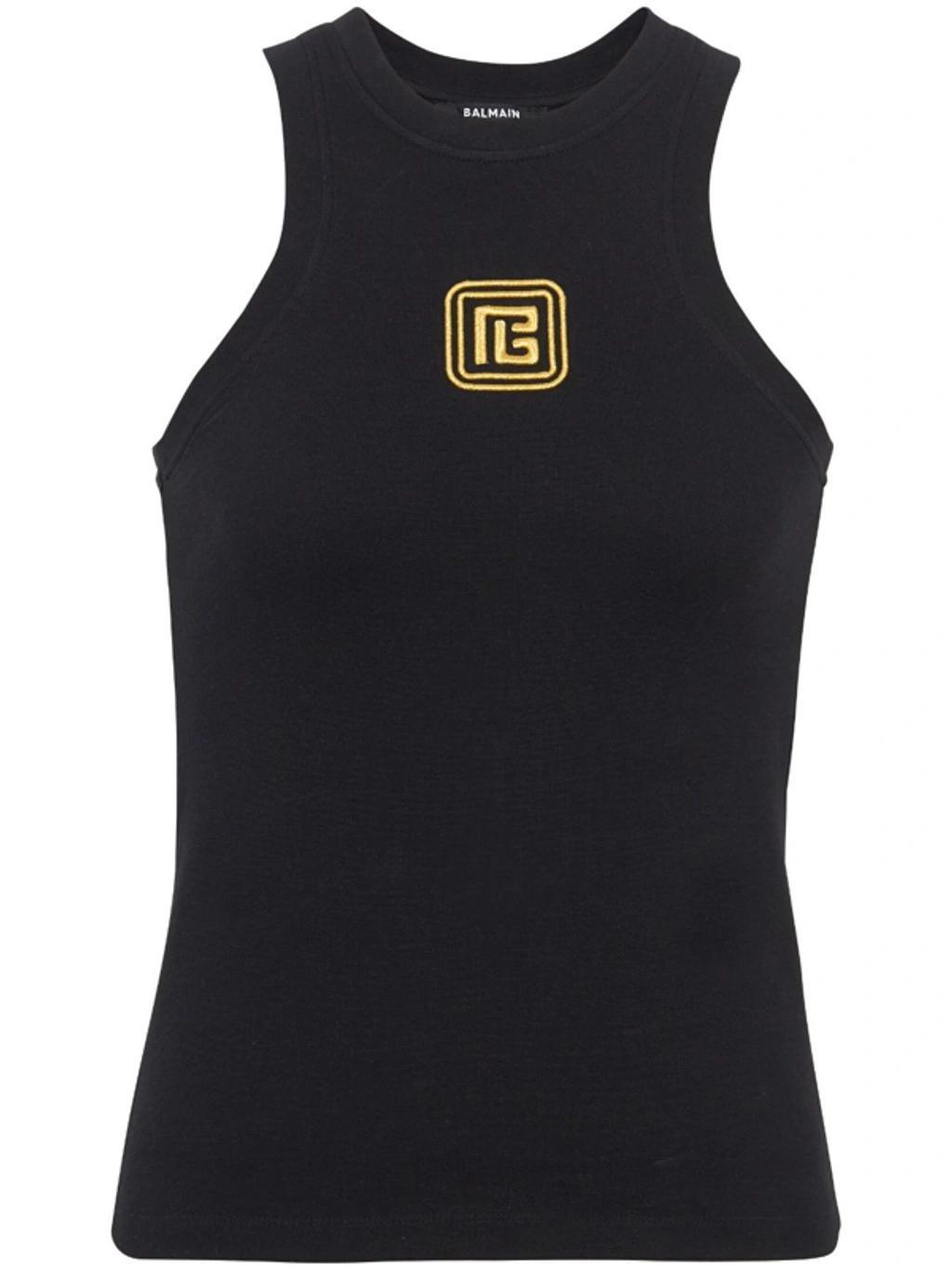 BALMAIN Pb Logo-embroidered Jersey Tank Top In Black Product Image