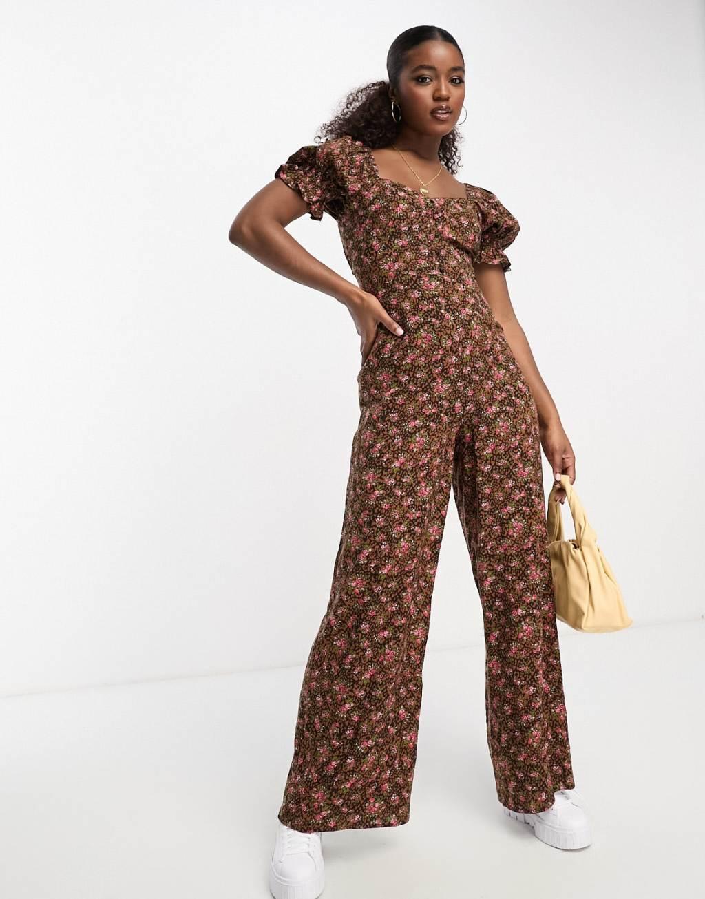 Miss Selfridge tie back wide leg jumpsuit in brown animal ditsy  Product Image