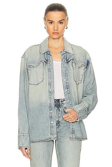 GRLFRND Emerson Western Shirt Jacket in Blue. Product Image