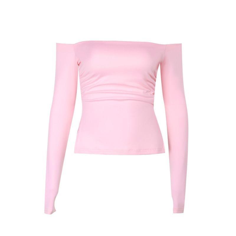 Long Sleeve Off-Shoulder Plain Slit Slim-Fit Crop Top Product Image