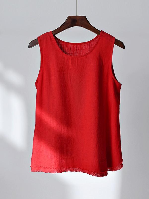 Loose Sleeveless Fringed Solid Color Round-Neck Vest Top Product Image