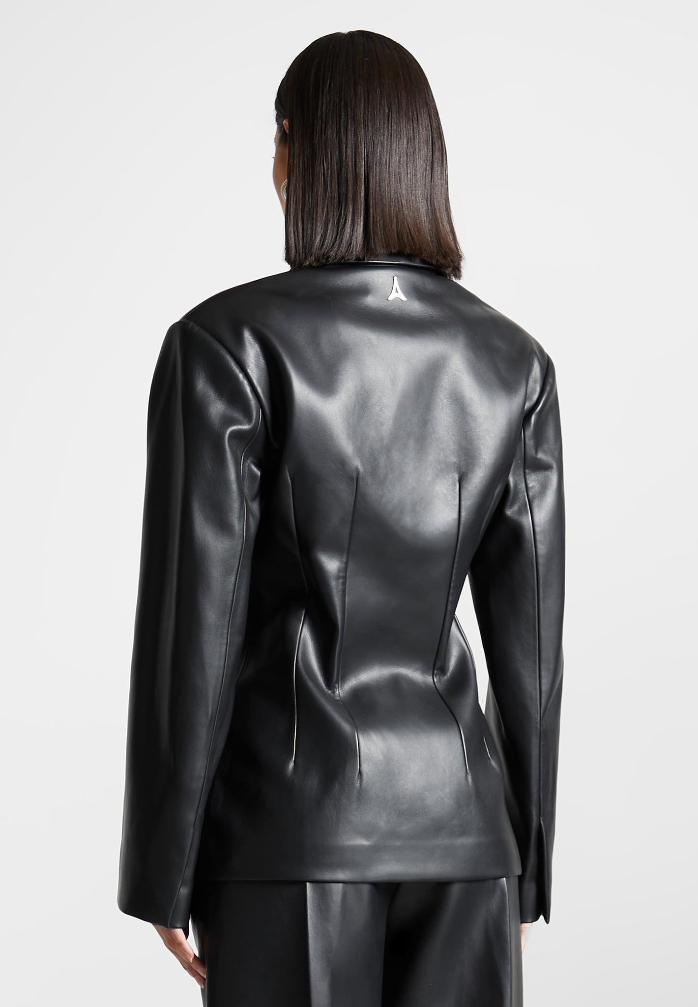 Vegan Leather Double Breasted Blazer - Black Female Product Image