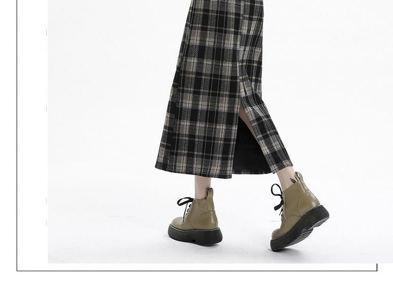 High Rise Plaid Midi A-Line Skirt Product Image