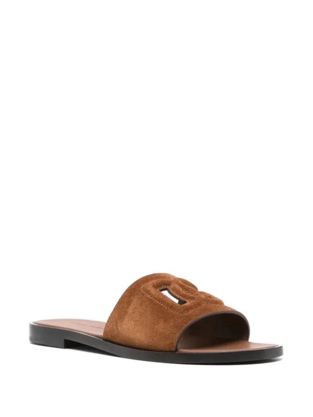 DOLCE & GABBANA Bianca Dg Millennials Cutout Leather Slides In Brown Product Image