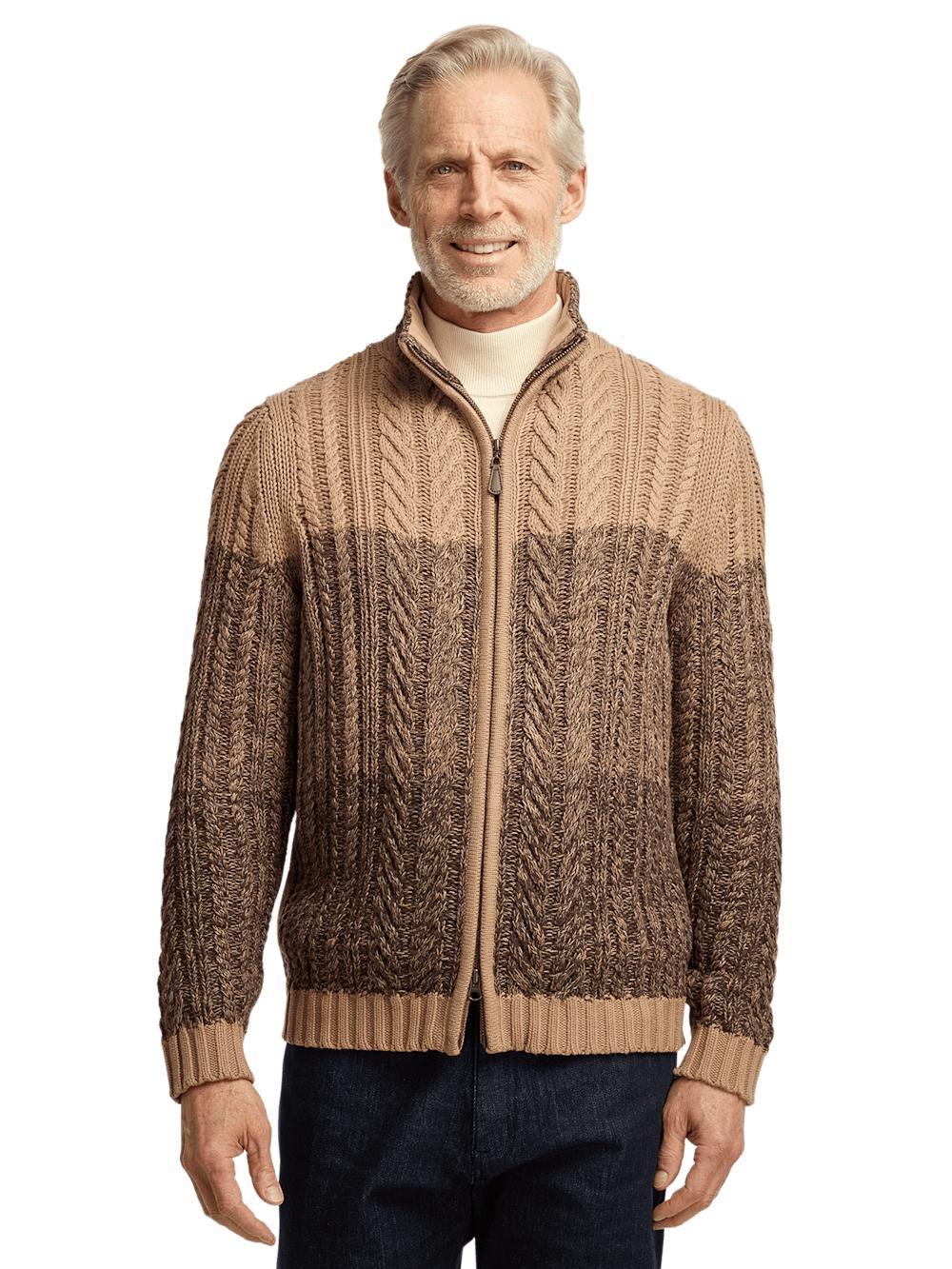 Cotton Cable Full Zip Mock Neck Sweater - Brown Product Image