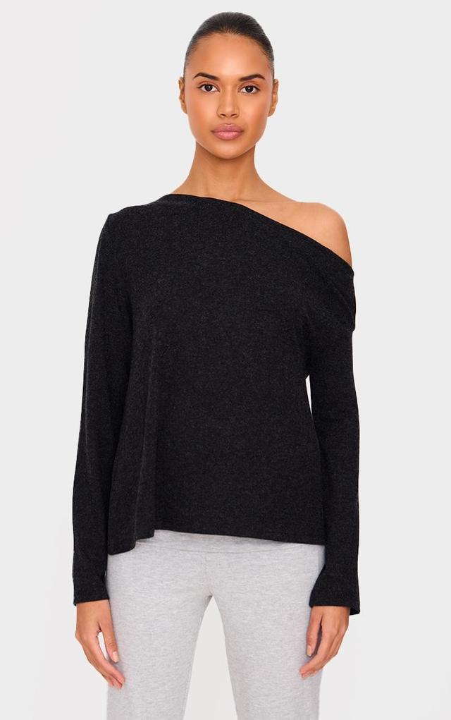 Black Slouchy Asymmetric Shoulder Long Sleeve Top Product Image