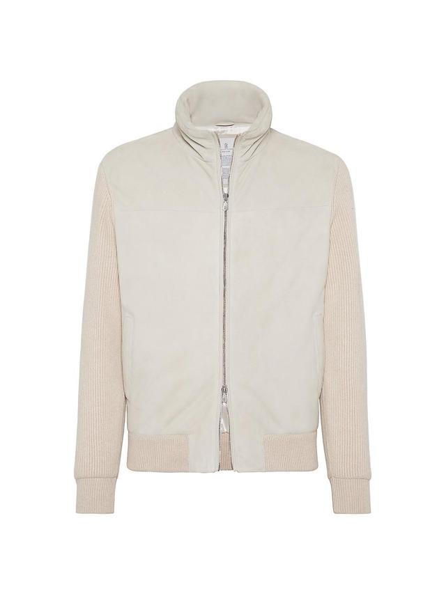 Mens Suede Bomber Jacket with Cashmere Knit Sleeves Product Image