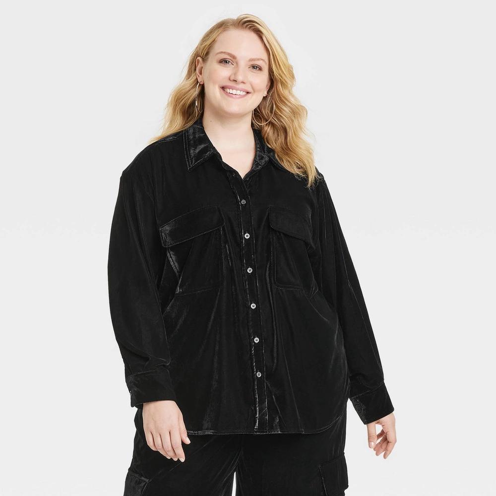 Womens Long Sleeve Collared Button-Down Shirt - Universal Thread Black 4X Product Image