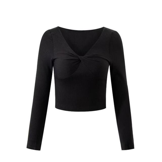 Long-Sleeve V-Neck Plain Knotted Ribbed Knit Top Product Image